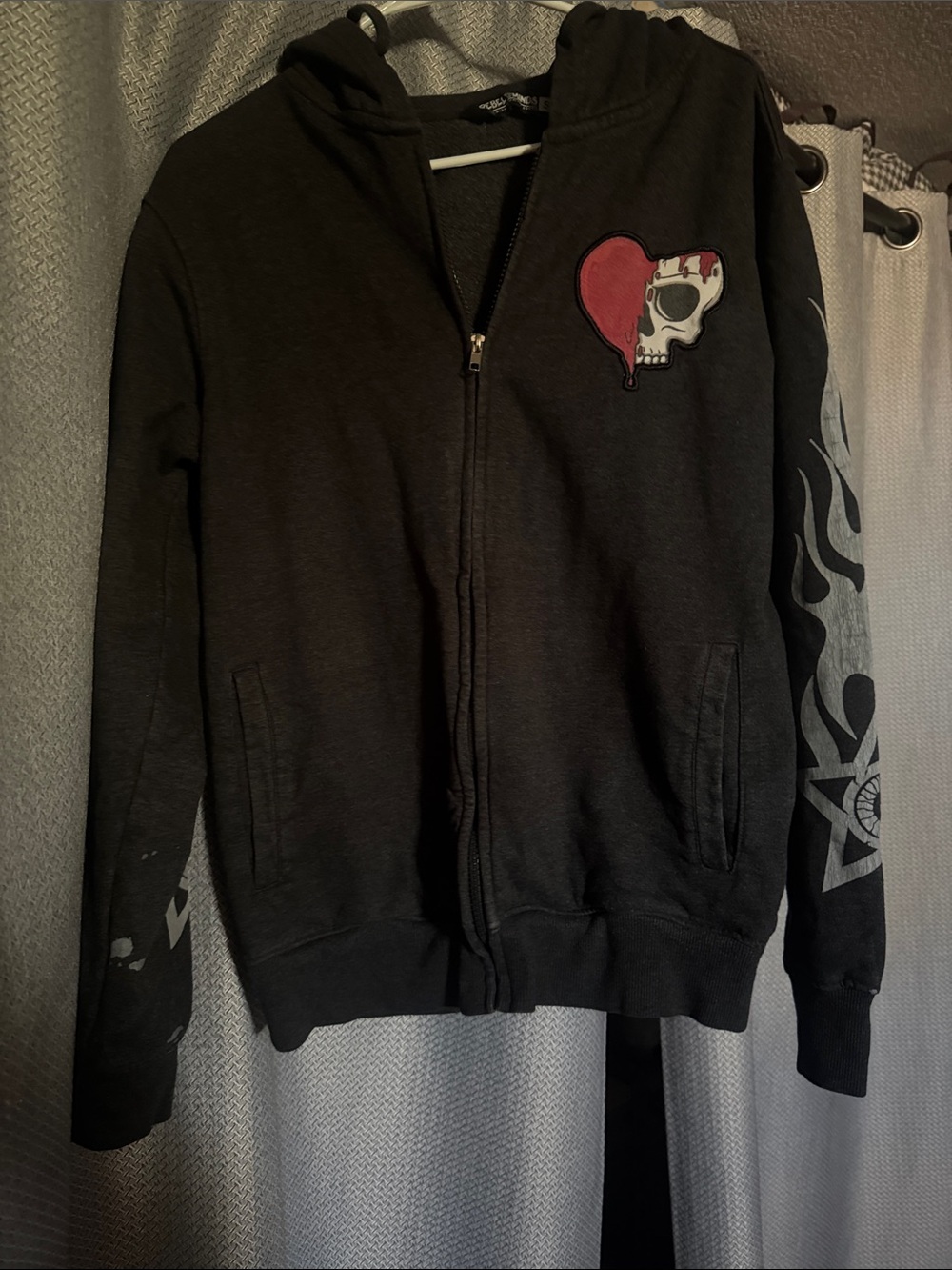 Black Zip-Up Hoodie with Red Skull Heart Patch